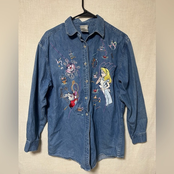 Vintage 90s Denim Shirt with Alice in Wonderland Design - Picture 1 of 5